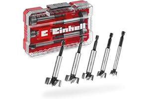 Set di punte Forstner originale Einhell M-CASE da 5 pezzi (in acciaio C65, gambo E 6,3, tagliente trasversale, punta di centraggio, forma della testa conica, tagliente chiuso su 4 lati)
