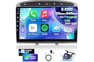 NHOPEEW Stéréo de Voiture Android 2+64G pour Peugeot 308 2007-2013 - Radio Carplay sans Fil de 9 Pouces prenant en Charge Android Auto WiFi GPS Navigation Commande de Volant FM RDS + Caméra de recul
