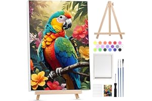 Lxmsja Loro Pintar por Numeros Adultos con Marco, con Caballete de Madera, DIY Cuadros para Pintar por Números Loro, Pájaro Pintura Acrilica Lienzos Manualidades Decoracion Hogar Pared 20x30cm