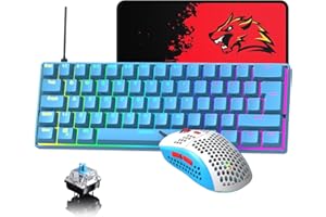 HOOPOND 60% UK-Layout Kabelgebundene Gaming-Tastatur und -Maus, 62Keys Mini Compact Mechanical Keyboard, 19 Rainbow Lighting Effect + 6 RGB Lighting Effect Leichte Maus mit 6400 DPI (blau/Blauer Schalter)