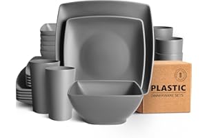 Teivio 24-Piece Kitchen Reusable Plastic Square Dinner Set, Service for 6, Dinner Plate, Dessert Plate, Cereal Bowl, 20 oz Cup, Unbreakable Plastic Plates and Bowls Set, Outdoor Camping Dishes, Grey