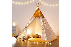 besrey Tipi Infantil Indio para Niños Tienda de Campaña Infantil Canvas Tipi de algodón con Alfombra Acolchado y Luces de Hadas (Amarillo y Blanco)