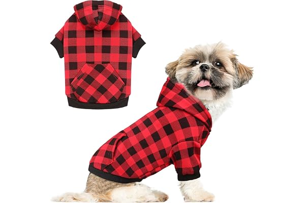 PETANGEL Dog Hoodie British Style Plaid Pet Sweaters with Hat Fleece Cold Weather Dog Hoodies with Pocket Windproof Pullover Pet Winter Casual Sweatshirts for Small Dogs with Harness Hole (Size: S)