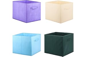 Owelth Lot de 4 Boite Rangement en Tissu Pliables, 33×38×33 cm Grande Cube de Rangement avec Poignées, Panier Bac Rangement Tissu Ouvertes pour Chambre, Salon, Bureau, Armoire, KALLAX, Mix