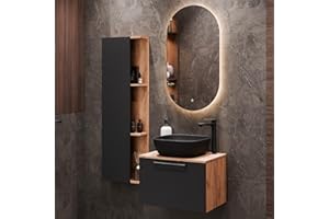Planetmöbel Astra - Juego de muebles de baño con lavabo (60 cm, 1 armario lateral, roble dorado, antracita, lavabo de 42 cm), color negro