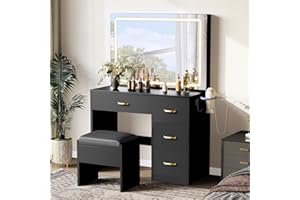 DWVO Vanity Table and Stool Set with LED Mirror, Makeup Desk with Adjustable 3-Colour Lighting, 4-Drawer Storage, Hair Dryer Rack & Built-in Plug Socket, Dressing Table for Bedroom, Black