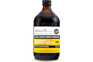 WILLY'S Organic Live Apple Cider Vinegar with Mother - Probiotics For Gut Health - Fresh Turmeric, Lemon, Honey & Black Pepper - 500ml Refillable Glass Bottle - Sustainable ACV