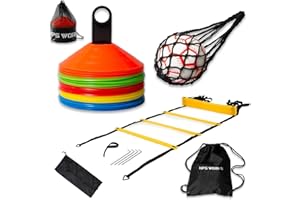 NPS WORKS Kit de Entrenamiento Fútbol con Escalera de Agilidad de 6 Metros, 50 Conos de Colores, Mochila Deportiva, Bolsa para Balón y Estacas. Ideal para Niños y Adultos. Mejora Velocidad y Coordinación