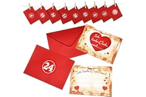KOHMUI Adventskalender mit 24 Karten Ich Liebe Dich, Weil in 24 roten Umschlägen, Kärtchen mit 24 Zahlenaufkleber, Ein Natur Seil, 24 Holzklammern für Männer, Frauen, Paare