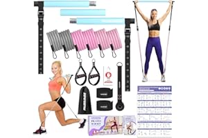 PALECLOUDS Pilates Stange, Pilates Bar Set mit 3 Paar Widerstandsbänder(20/25/30Lbs), Metall-Einstellung Schnalle & Ausbildung Poster, Pilates Skulptur Fitness Stange for Home Gym Workout Equipment(Frauen)