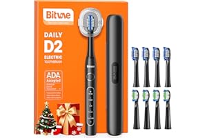 Bitvae D2 Ultrasonic Electric Toothbrush for Adults and Kids, Electric Toothbrush with Rechargeable Power, 8 Toothbrush Heads and 5 Modes, Black