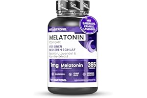 ‎VITASTRONG. Vitastrong Melatonin Komplex, 365 Mikro-Tabletten, Hochdosiertes Melatonin mit Kamille, Baldrian, Lavendel & Vitamin B6 für besseren Schlaf & Jetlag, Zucker-, Gluten- & GVO-Frei