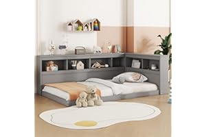 Aoskem Daybett Einzelbett Bett 90x200 cm Kinderbett, Tagesbett Bodenbett mit Stauraum Regale & Ladebuchse, Holzbett Jugendbett Funktionsbett, Bettgestell mit Lattenrost, Ohne Matratze (Grau)
