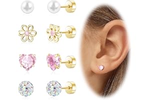 DAI JY Hypoallergenic Earrings for Girls Toddler Surgical Steel Screw Flat Back Stud Earrings for Sensitive Ears Women Gold Silver Earrings Cute Heart CZ Flower Pearl Ball Star Stud Earring Sets