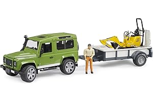 bruder 02593 - Land Rover Defender Station Wagon avec remorque à un essieu, micro-pelle JCB 8010 CTS, ouvrier du bâtiment