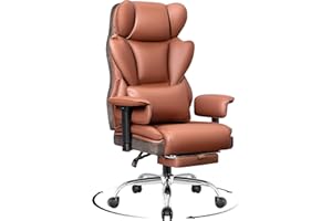 DoChair Fotel szefa szeroki, ergonomiczny fotel biurowy z podnóżkiem, regulowane oparcie w zakresie 165°, krzesło do domu, biura, sztuczna skóra, 150-200 kg, brązowy