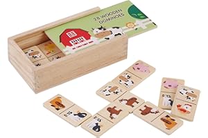 JUMINI Wooden Farm Animal Dominoes – 28 pcs – Traditional Travel Game – for kids, children, domino set, wooden box, bright colours, matching game 3yrs+