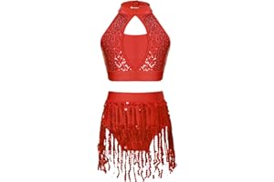 dPois Girls Dance Outfits 2 Piece Sequins Crop Top with Fringe Shorts Set Modern Jazz Latin Salsa Costume Dancewear