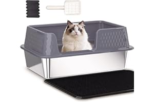 Pawsayes Stainless Steel Cat Litter Tray for All Cats Large Cat Litter Trays Anti-Splash High Wall Sided Enclosure Cats Litter Box (50x35x20 cm) (Grey)