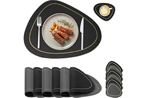 BENAEP Placemats and Coasters Sets of 6, Table Mats Set of 6, Washable Non-slip Heat Insulation Dinner Table Place Mats for Home Restaurant(Black+Dark Grey)