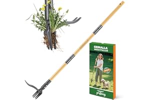 Ormalla Unkrautstecher, 1.1m Langem Stiel, Löwenzahn Entferner, Natürlicher Bambusgriff und 4 Metallkrallen, Aufrecht Stehender Unkrautentferner, Haustierfreundlich(Upgrade)