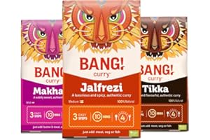 BANG CURRY Jalfrezi, Tikka and Makhani Curry Sauce Kits, Mild, Medium and Spicy Curry Spice Kits, Easy to Use, Ready in 10 Min, 100% Natural and Gluten Free (3 Pack) - BANG! Curry
