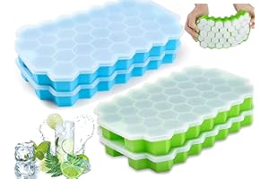 AMZMUKAUP Lot de 4 Bacs à Glaçons en Silicone avec Couvercle, Glaçons Faciles à Retirer Bac à Glaçons en Silicone pour Pudding aux Bonbons Gelée jus Chocolat Ou des Cocktails Whisky (Bleu + Vert)