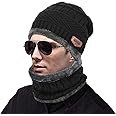 MUCO Mens Womens Winter Beanie Hats Scarf Set Warm Knit Hat Thick Fleece Lined Slouchy Cap Neck Warmer for Men Women