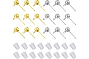 BREMOROU 60 szt. kolczyków do tworzenia biżuterii z okrągłymi kulkami, złote srebrne kulki, sztyft i 200 szt. przezroczystych kolczyków, zatyczki do samodzielnego wykonania dla kobiet, na prezent na festiwal