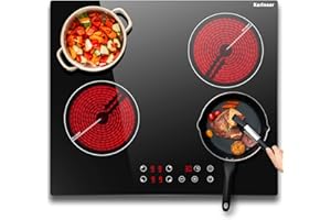 Autarkes Kochfeld 60 cm, Karinear Glaskeramikkochfeld 4 Platten, 6000W Herdplatte 4 Kochfelder Einbau mit Kindersicherung, Timer, Touch-Steuerung, 220-240V, Kein Stecker