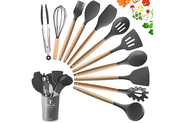 Dopgl Lot de 11 ustensiles de cuisine en silicone sans BPA et non toxique résistants à la chaleur avec poignées en bois