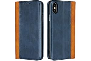 Copmob Schutzhülle für iPhone X/XS, Flip Brieftasche aus Leder, [3 Schlitze][Standfunktion][Magnetverschluss], Klappschutzhülle für iPhone X/XS – Blau + Gelb
