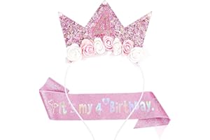 LunarCharm birthday decorations for girls, hairband and glitter sash for litter girls as birthday decorations, flower princess crown hairband