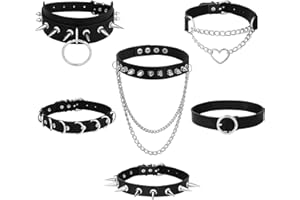 LOLIAS 6Pcs Femmes Cuir Gothique Collier Ras du Cou Punk Chaîne Clavicule PU Cuir Noir Ras du Cou Sexy Spike Collier Chockers Tour de Cou Rock Ceinture Coeur Ras du Cou Collier Réglable Cosplayer