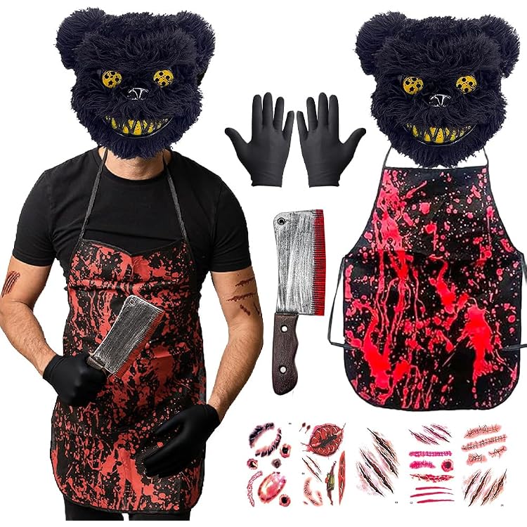 Costume Boucher Halloween Homme - Tablier Sanglant, Masque Lapin Horreur, Couteau Plastique, Gants, Autocollants Cicatrices | Déguisement Effrayant Pour Fête