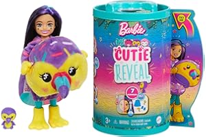 Barbie Chelsea Cutie Reveal Seria Dżungla Mała lalka z kostiumem tukana i 7 niespodziankami, w tym zmianą koloru HKR16