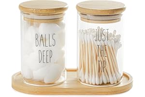 FEILANDUO Qtip Holder Dispenser with Bamboo Lids, Glass Apothecary Jar for Cotton Ball, Swab, Pads, Floss, Farmhouse Bathroom Canisters Accessories with Tray Makeup Organizer-280ml