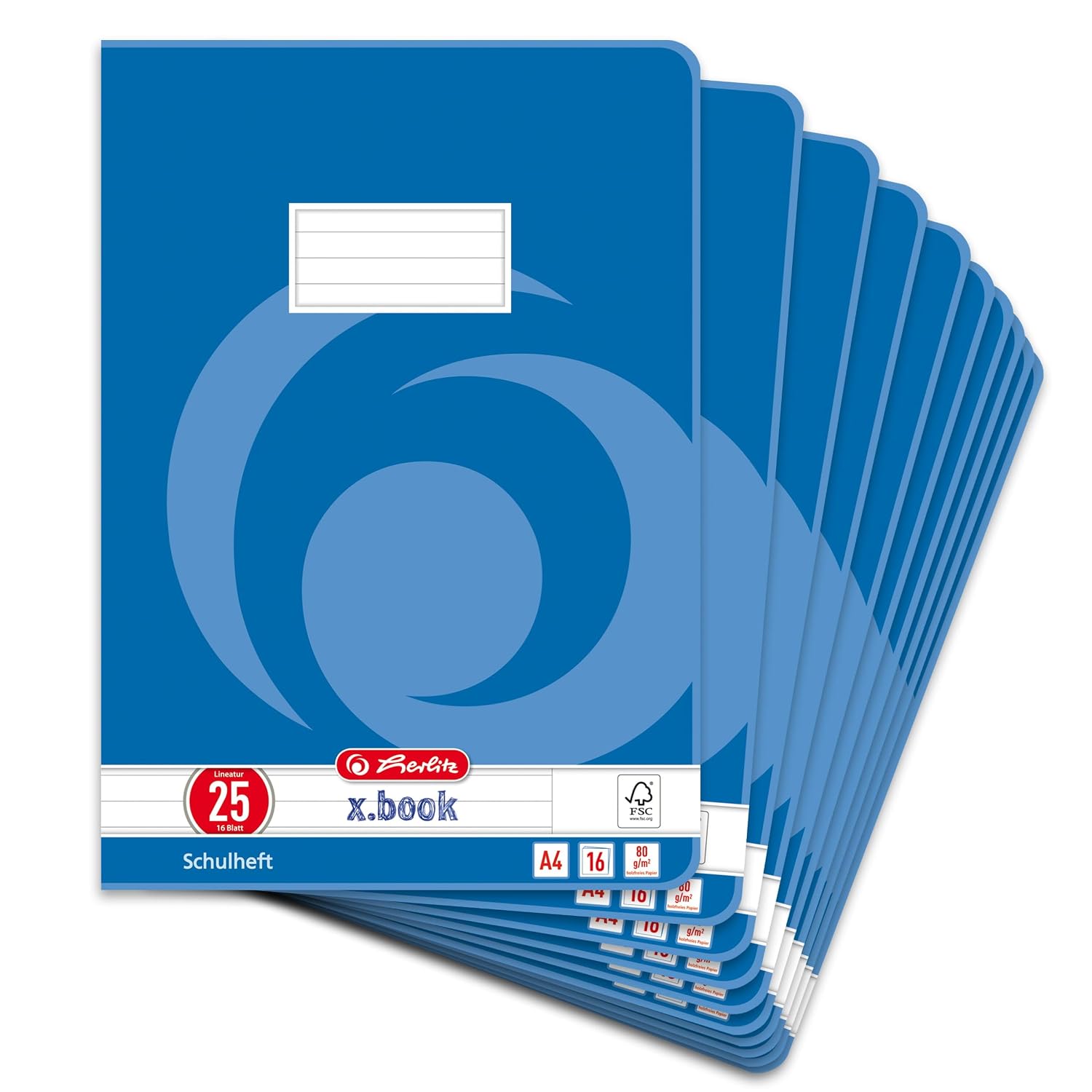 herlitz Schulheft A4, liniert, Lineatur 25, 16 Blatt, 10 Stück | weißer Rand außen, abgerundete Ecken, holzfreies Papier, 80g/m²