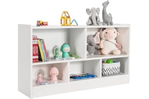 HOMASIS 2-stöckig Spielzeugschrank mit 5 Fächern, Kinderregal Bücherregal aus Holz, offen Aufbewahrungsregal Spielzeugregal für Kinderzimmer Spielzimmer Schlafzimmer, 111 x 30 x 61,5 cm (Weiß)