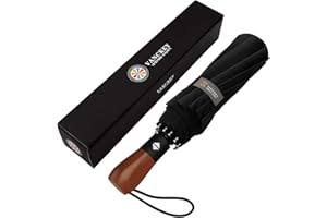 MIKAFEN parasol odporny na wiatr z drewnianym uchwytem, podróżny i automatyczny, kompaktowy parasol z 10 żebrami z włókna szklanego z ochroną przed deszczem, dla mężczyzn i kobiet