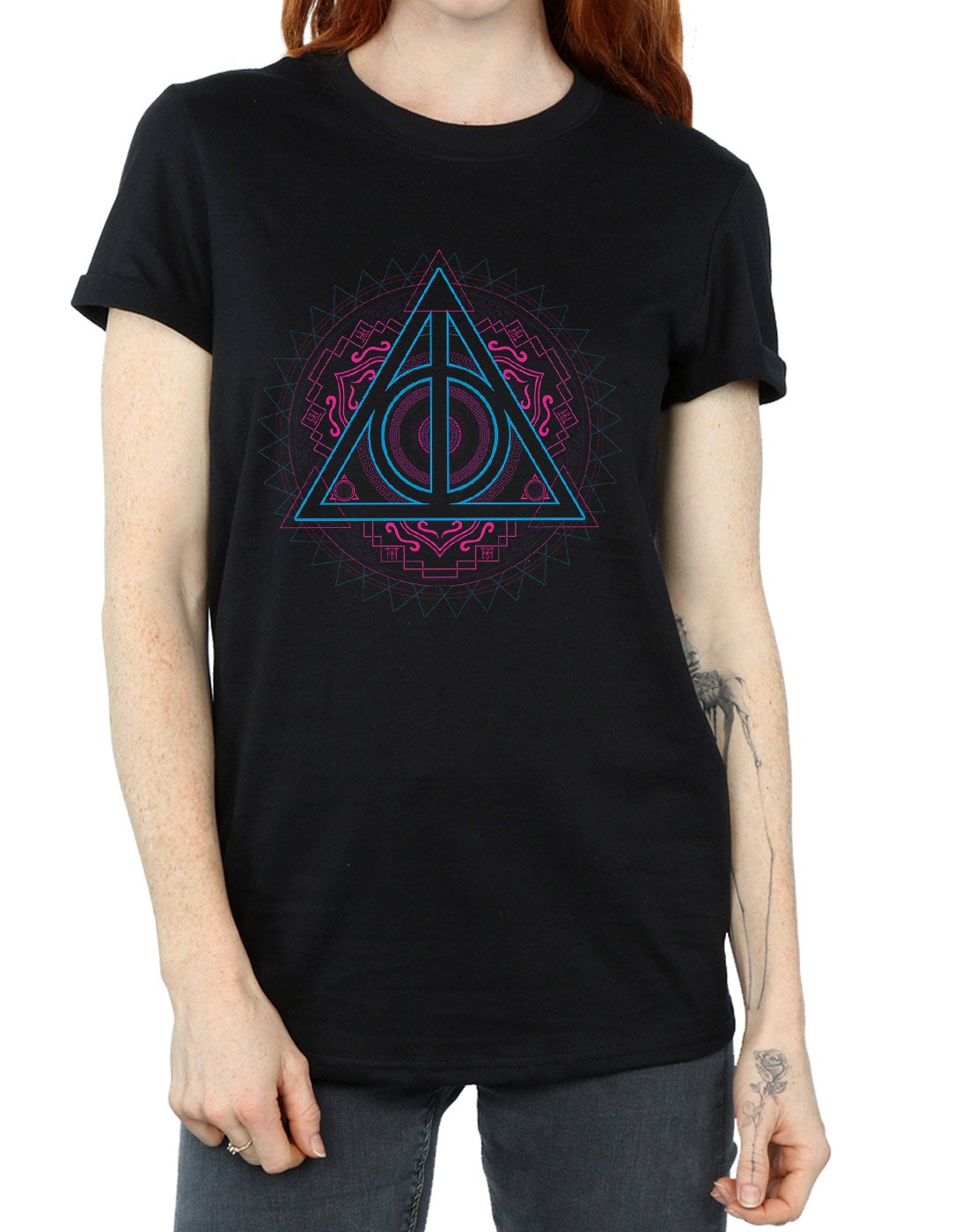 Harry-Potter-Damen-Neon-Deathly-Hallows-Boyfriend-Fit-T-Shirt-Schwarz-Medium