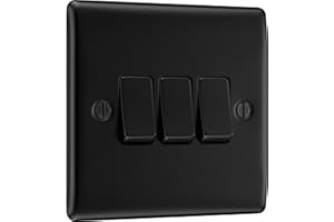 BRITISH GENERAL BG Electrical Triple Wall Light Switch, 2 Way, Raised and Slim Profile, Round Edges, Nexus Metal, Matt Black, 20A, 16AX, NFB43