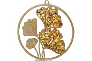 ‎YOUR CASTLE Fensterbild Fensterdeko Sonnenfänger groß Suncatcher Bernstein in Birkenholz Ginkgo Ø 20, inkl. Saugnapfhaken 35mm