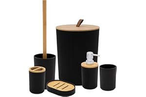 Anika Bathroom Accessory Set/Modern Bathroom Essentials Set/Includes Toothbrush Holder, Waste Bin, Toilet Brush, Cup, Soap Dish and Soap Dispenser (Black)