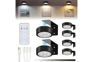 Lightsjoy 6 Pack Picture Lights for Wall Battery Operated 3 Colors Wireless Picture Frame Light Rechargeable Wall Light Dimmable Timer Dart Board Lighting Remote Control Magnetic Wall Lights Black