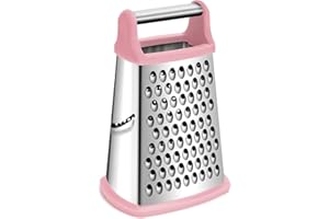 Rainspire Professional Box Grater, Cheese Grater Box for Kitchen Stainless Steel with 4 Sides, Cheese and Spice Graters with Handle for Vegetables, Ginger, Potatoes, Pink