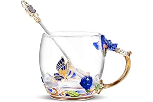 OEAGO Friend Gifts for Women, Tea Cups Christmas Gifts for Women Butterfly Flower Mug Gifts for Mum Glass Mugs with Spoon Birthday Gifts for Women Her Wife on Christmas Valentines Mothers Day Blue