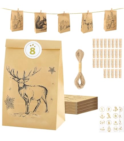 Calendrier De L'Avent 2025 à Remplir DIY - 24 Sachets En Papier Kraft Imprimé + Autocollants - Déco Noël Réutilisable