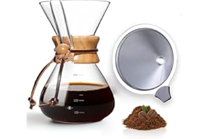 LMSAWK Cafetière à Manchon de avec Filtre, Cafetière Filtre à Col en Bois, Cafetière en Verre Réutilisable, Compatible Lave-vaisselle, 3 Tasses, 400 ml
