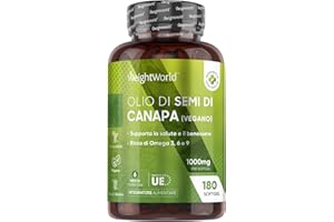 WEIGHTWORLD Olio di Canapa 1000mg per Softgel, 180 Softgel Vegane (Scorta 6 Mesi), 1 al Giorno, Spremuto a Freddo, Fornisce Omega 3 6 9, ALA, Acido Linoleico, Acido Oleico, Olio Semi di Canapa Sativa (Hemp Seed)